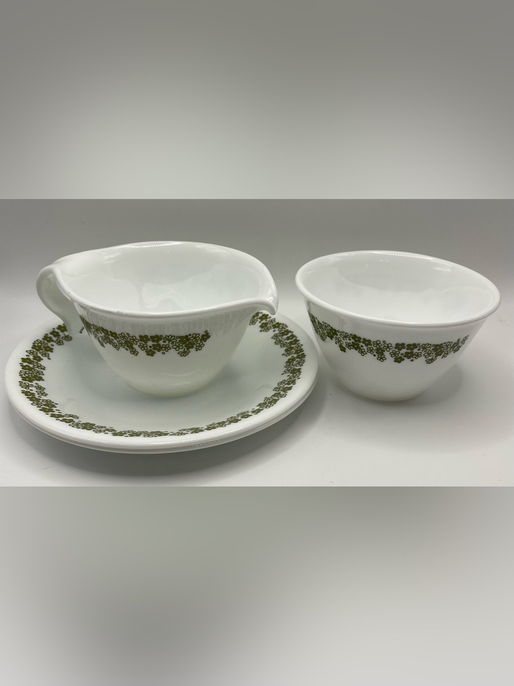 Corelle Spring Blossom Sugar, Creamer, and Saucers Set - Green Floral Border